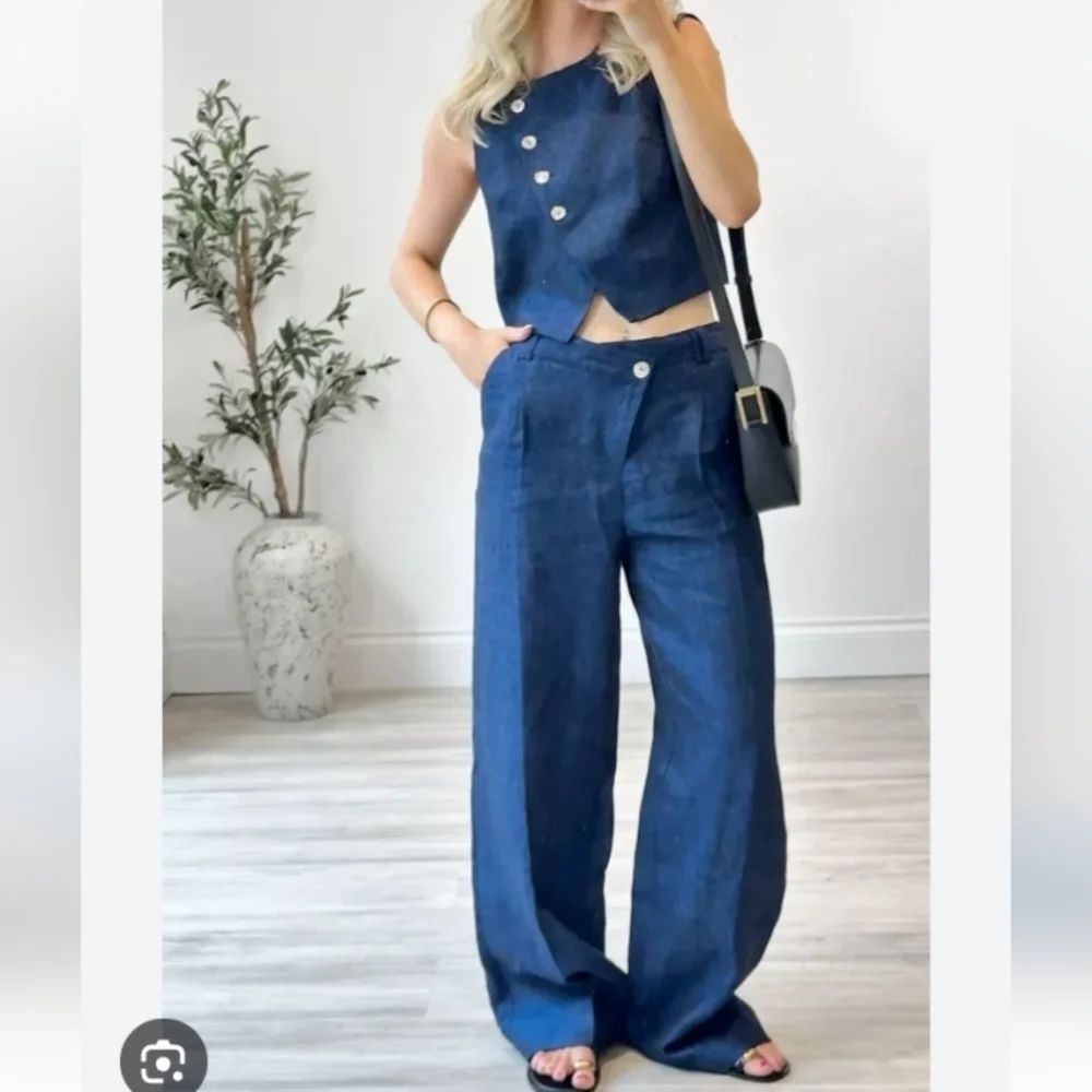 Zara 100% Linen Indigo Wide-Leg Wrap Front Pants And Pleats Detail Sz-S